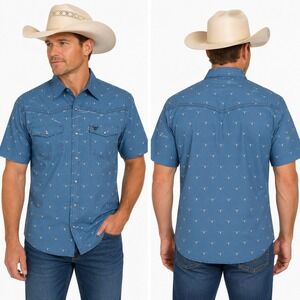 Cowboy Hardware Shirt Mens Large Blue Longhorn Skull Western Snap Short Sleeve